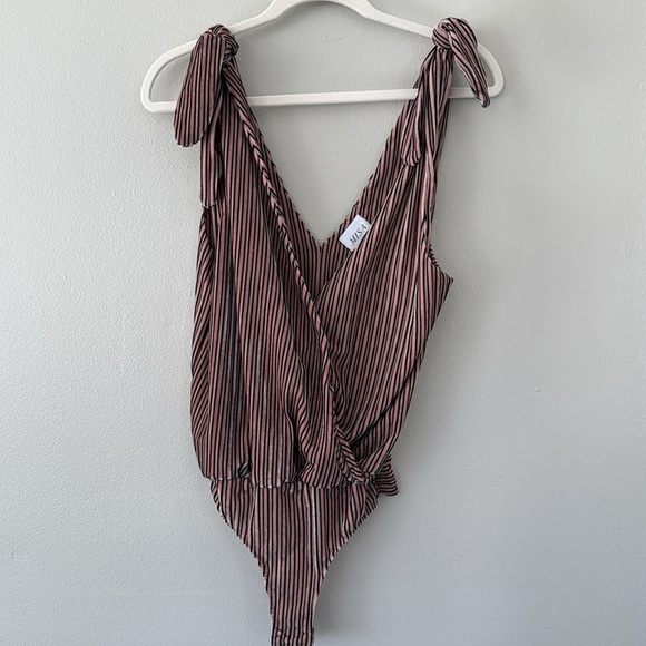 Revolve x Misa Los Angeles V Neck Tie Bodysuit in Velvet Stripe - Picture 1 of 6